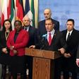 Venezuela's Foreign Minister Jorge Arreaza at the United Nations is flanked by ambassadors from Russia, Syria, China and other countries that have pledged to support Caracas