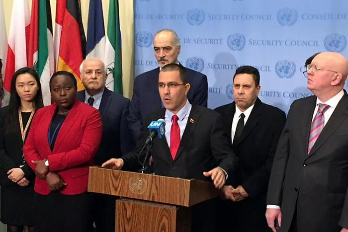 Venezuela's Foreign Minister Jorge Arreaza at the United Nations is flanked by ambassadors from Russia, Syria, China and other countries that have pledged to support Caracas