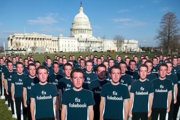 The Avaaz rights group placed cardboard cutouts of Facebook founder and CEO Mark Zuckerberg outside the US Capitol in Washington last year, calling attention to what they say are many millions of fake accounts spreading disinformation on Facebook