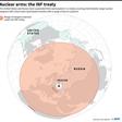 Map showing the range of nuclear weapons covered by the intermediate range nuclear forces treaty.