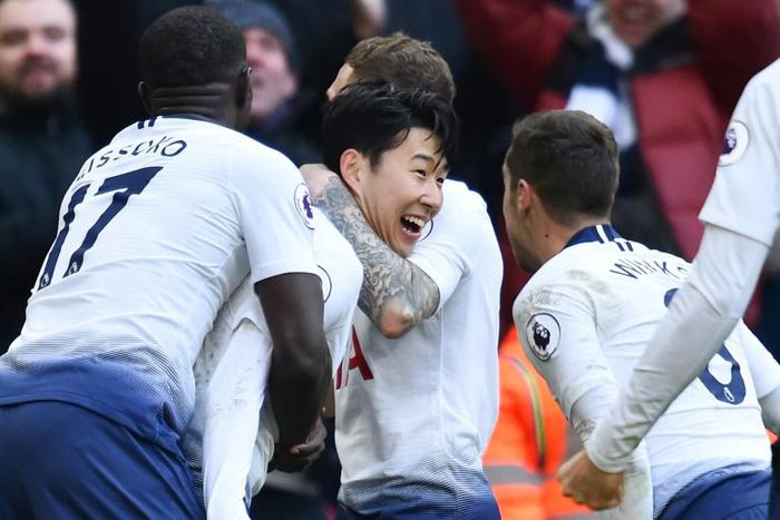 Tottenham forward Son Heung-min (centre) celebrates scoring against Newcastle at Wembley