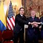 Handout picture released by the Colombian Presidency's press office shows Colombian President Ivan Duque (C), US Vice President Mike Pence (R) and Venezuelan opposition leader and self-declared acting president Juan Guaido