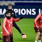 Lionel Messi (C) and his Barcelona teammates trained at Lyon's Groupama Stadium on Monday ahead of Tuesday's last 16, first leg