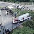 Aerial view of trucks loaded with humanitarian aid for Venezuela driving to the Tienditas Bridge on the border between Cucuta, Colombia and Tachira, Venezuela, on February 7, 2019