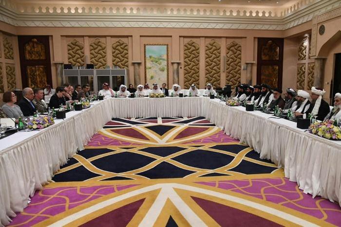 Qatar hosts a meeting between US officials led by special envoy Zalmay Khalilzad and a Taliban delegation in this file picture taken on February 26, 2019 and provided by the Qatari foreign ministry