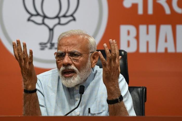 Indian Prime Minister Narendra Modi during a press conference in New Delhi where he condemned an extremist Hindu election candidate from his ruling party who said the assassin of independence hero Mahatma Gandhi was a "patriot"