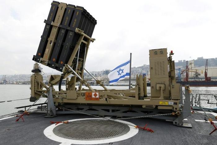 A photo taken on February 12, 2019, shows an Israeli naval Iron Dome defence system, designed to intercept and destroy incoming short-range rockets and artillery shells, installed on a Lahav Class corvette in the northern port of Haifa
