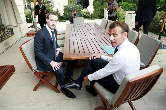 Facebook's Mark Zuckerberg, left, with French President Emmanuel Macron at the Elysee palace following the "Tech for Good" summit in Paris in May 2018.