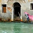 This image, presumed to be by Banksy, appeared on the outer wall of a house overlooking the canal Rio de Ca Foscari, in Venice