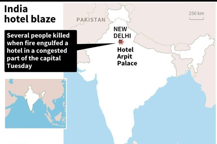 Map showing New Delhi in India where several people were killed in a hotel fire on Tuesday.