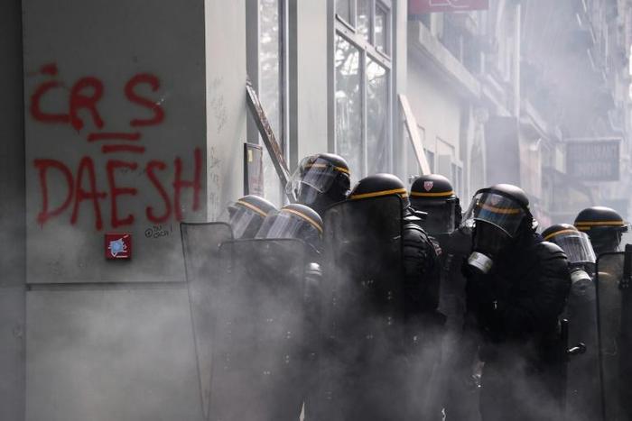 French riot police during the May 1 protests in Paris, which saw skirmishes between demonstrators and security forces