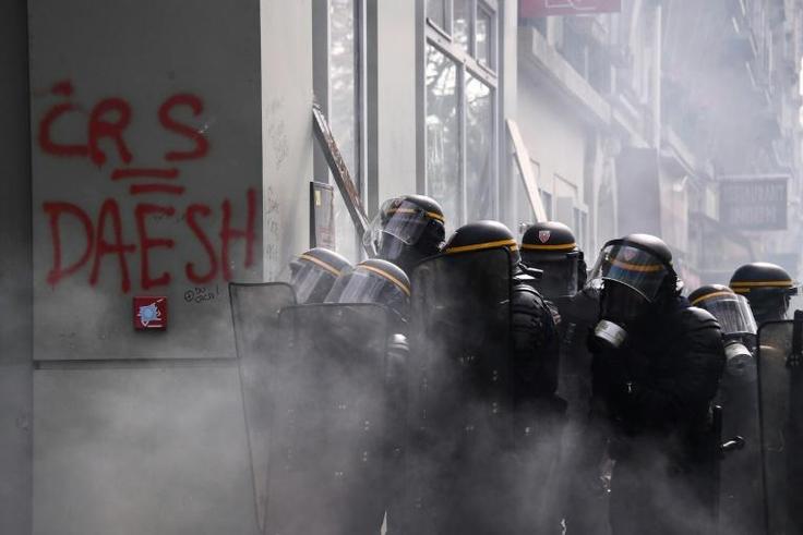 French riot police during the May 1 protests in Paris, which saw skirmishes between demonstrators and security forces