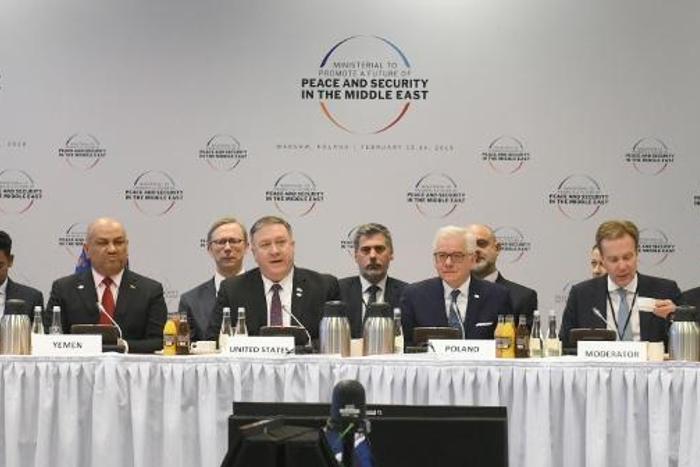 Israel's Prime Minister Benjamin Netanyahu (L) sits next to Yemen's Foreign Minister Khalid al-Yamani at a conference in Poland focused on the Middle East on February 14, 2019