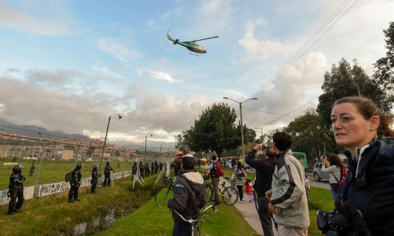 A Police helicopter departs carrying Colombian FARC political party member Jesus Santrich from Colombian prison 'La Picota' in Bogota, on May 17, 2019.Santrich -wanted by the United States for drug trafficking- was inmediately recaptured while being fr...