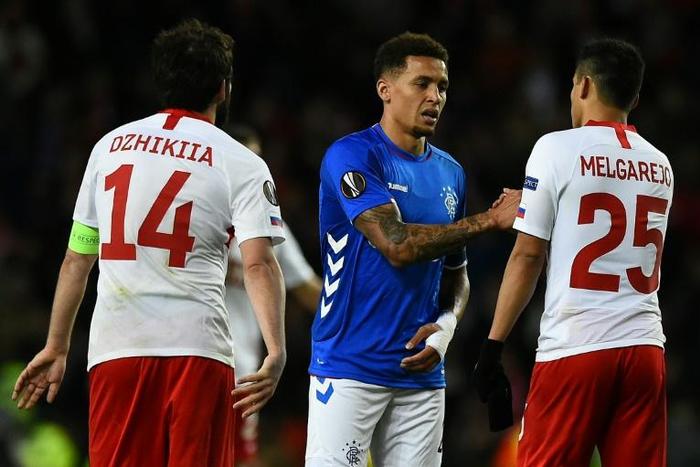 A supporter leapt out of the home stands to challenge Rangers captain James Tavernier (C, pictured October 2018) in a shocking incident on the stroke of half-time