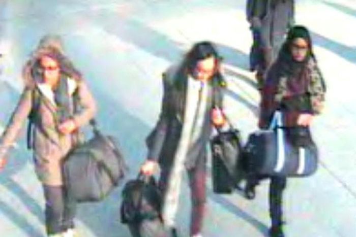 British teenagers (L-R) Amira Abase, Kadiza Sultana and Shamima Begum were caught on camera at Gatwick Airport as they prepared to fly on their own to Turkey