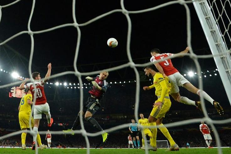 Sokratis scored Arsenal's decisive third goal to see them past BATE Borisov at the Emirates Stadium and into the Europa League last 16