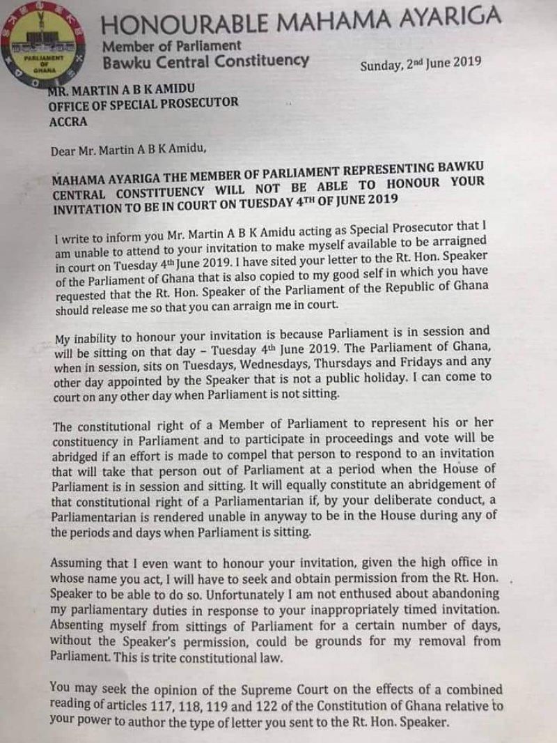 Ayariga's letter to Amidu