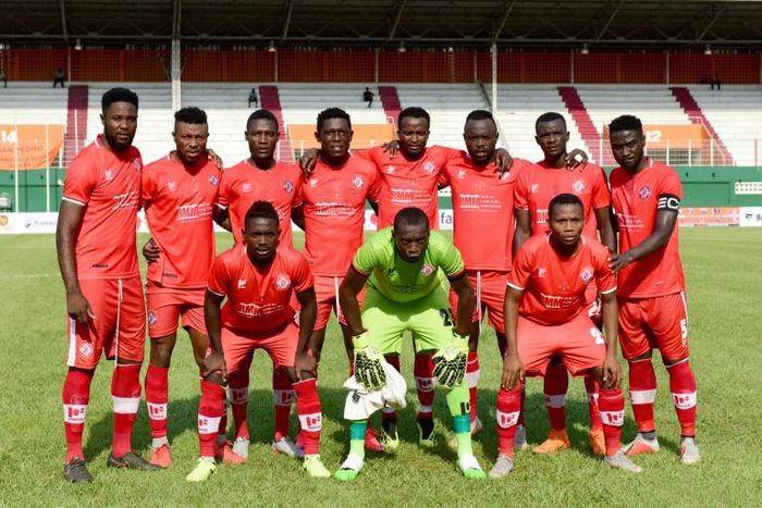 The Nkana FC of Zambia team pose before drawing away to San Pedro FC of the Ivory Coast and securing a place in the group phase of the 2018/2019 CAF Confederation Cup.