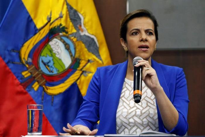 Ecuadoran Interior Minister Maria Paula Romo at a press conference in Quito on April 11, 2019
