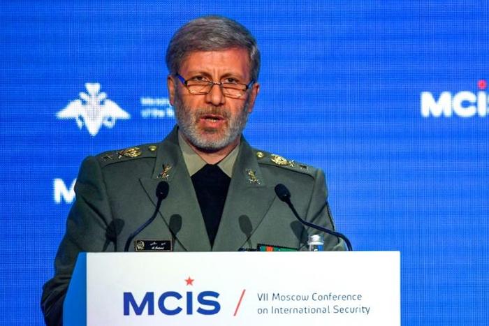 Iranian Defence Minister Amir Hatami speaks at a security conference in Moscow on April 4, 2018