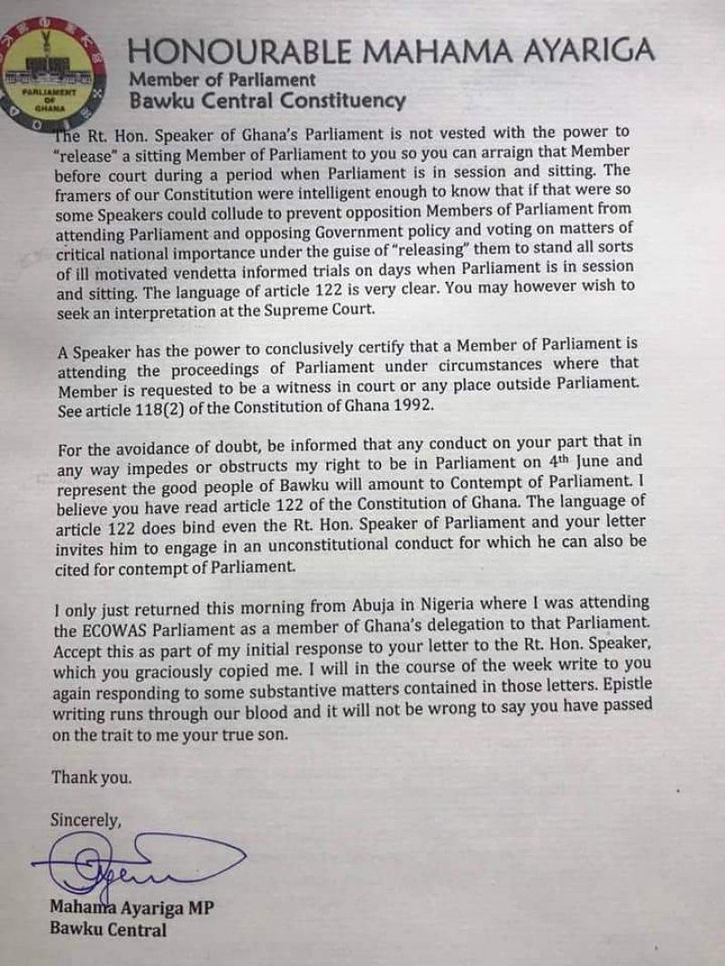 Ayariga's letter to Amidu