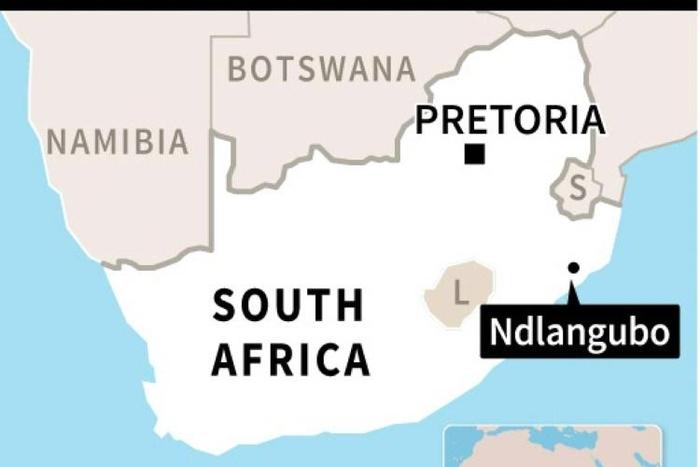 Map of South Africa locating Ndlangubo, where a church collapsed on April 18