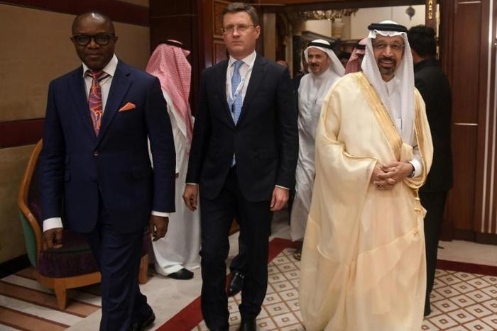 Nigerian Energy Minister Emmanuel Ibe Kachikw, Russian Energy Minister Alexander Novak, and Saudi Arabian Energy Minister Khalid al-Falih arrive at the one-day OPEC+ group meeting in the Saudi city of Jeddah on Sunday
