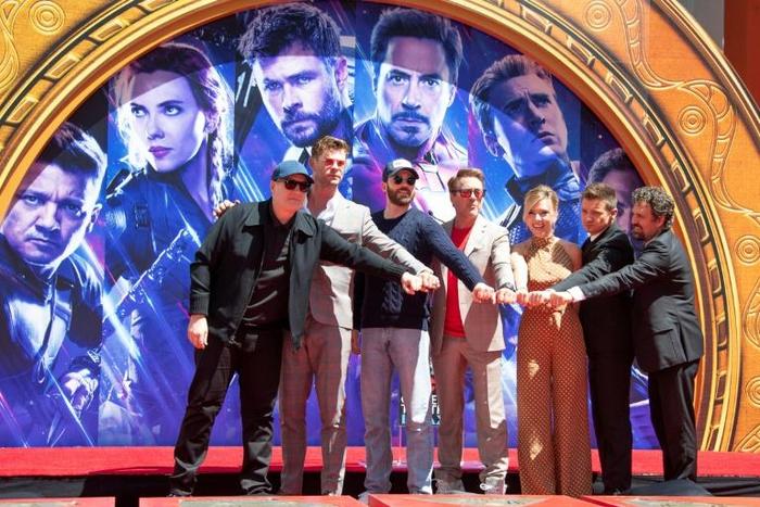 The "Avengers" core team (from L-R): Marvel Studios boss Kevin Feige, actors Chris Hemsworth, Chris Evans, Robert Downey Jr., Scarlett Johansson, Jeremy Renner and Mark Ruffalo