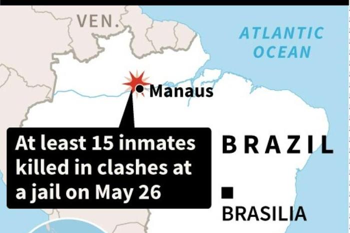 Map of Brazil locating a jail some 28 km from the Amazonas state capital of Manaus, where 15 inmates were killed in clashes on Sunday