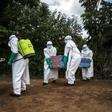 Health workers carry the coffin of an Ebola fatality in Mangina, North Kivu, last August