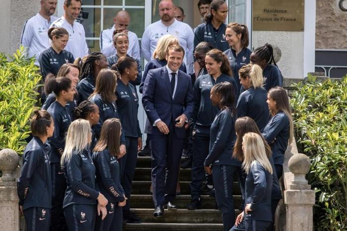 Emmanuel Macron and his wife Brigitte Macron met players and staff of France's omen's football team at France's training camp in Clairefontaine