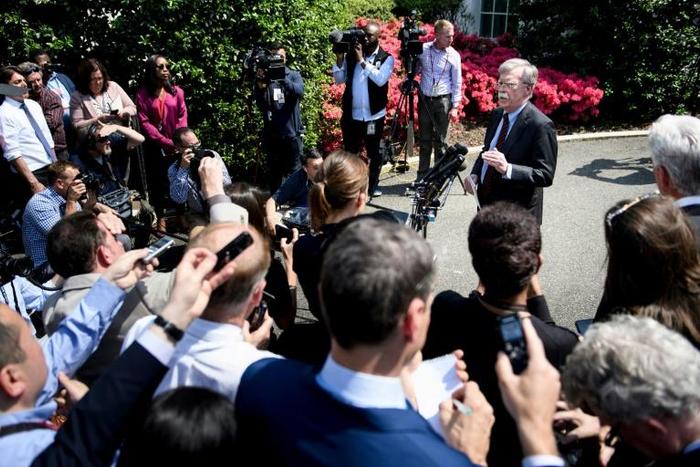 US National Security Advisor John Bolton speaks to reporters about Venezuela outside the West Wing of the White House