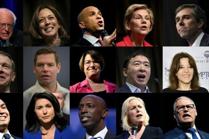 The 18 Democratic presidential candidates (l to r) as of April 10, 2019: Pete Buttigieg, Bernie Sanders, Kamala Harris, Cory Booker, Elizabeth Warren, Beto O'Rourke, John Delaney, John Hickenlooper, Eric Swalwell, Amy Klobuchar, Andrew Yang, Marianne W...