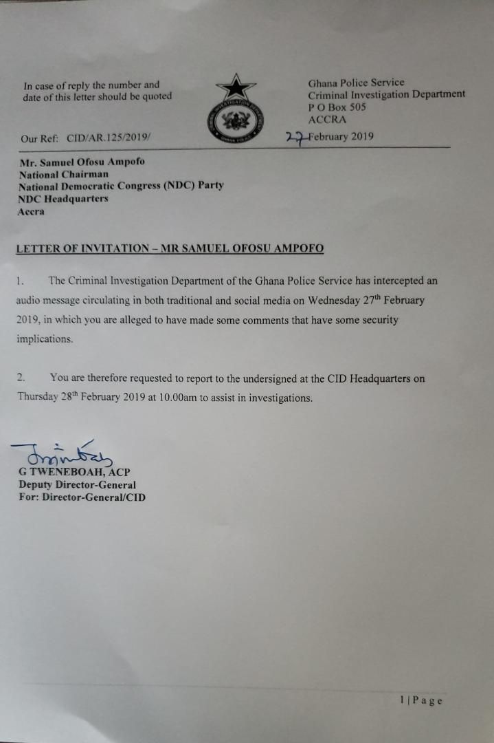 Ofosu Ampofo invited by CID