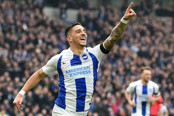Brighton's Anthony Knockaert celebrates scoring the opening goal against Derby
