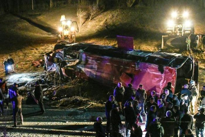 The deadly accident took place when a tour bus crossed a barrier onto the other side of the Skopje-Tetovo highway, then veered off the road and overturned near the village of Laskarci, a North Macedonian official said