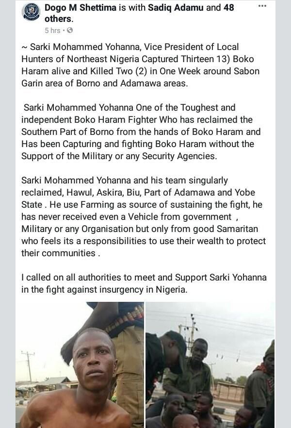 Local hunter single-handedly arrests 13 Boko Haram men alive, kills two (photos)