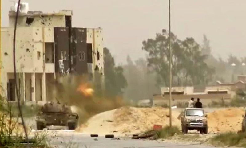 A tank in clashes on the outskirts of the Libyan capital Tripoli