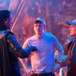 The Russo Brothers (Joe and Anthony Russo) alongside Tom Hiddleston on the set of Avengers: Infinity War.