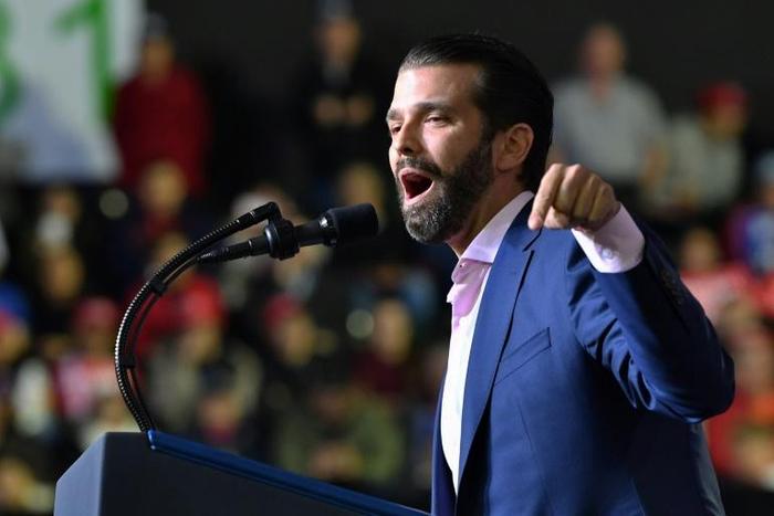 Donald Trump Jr. warms up the audience at a rally for his father President Donald Trump in El Paso, Texas in February