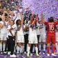 Lyon players celebrate winning their fourth straight Women's Champions League