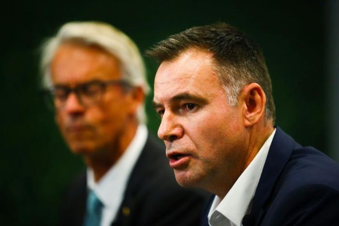 Newly appointed head coach of the Australia women's football team Ante Milicic (right) speaks alongside FFA chief executive David Gallop