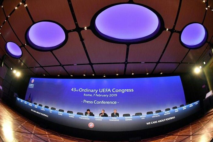 UEFA president Aleksander Ceferin and general secretary Theodore Theodoridis unveil the new OTT streaming platform
