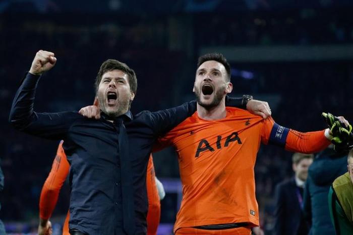 Tottenham coach Mauricio Pochettino and goalkeeper Hugo Lloris celebrate after their victory over Ajax took them through to the Champions League final