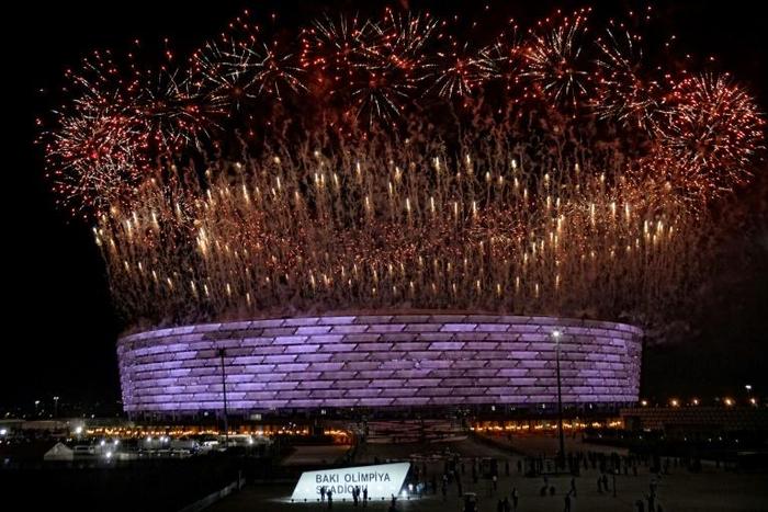 Fireworks erupt during the opening ceremony of the 2015 European Games in Baku