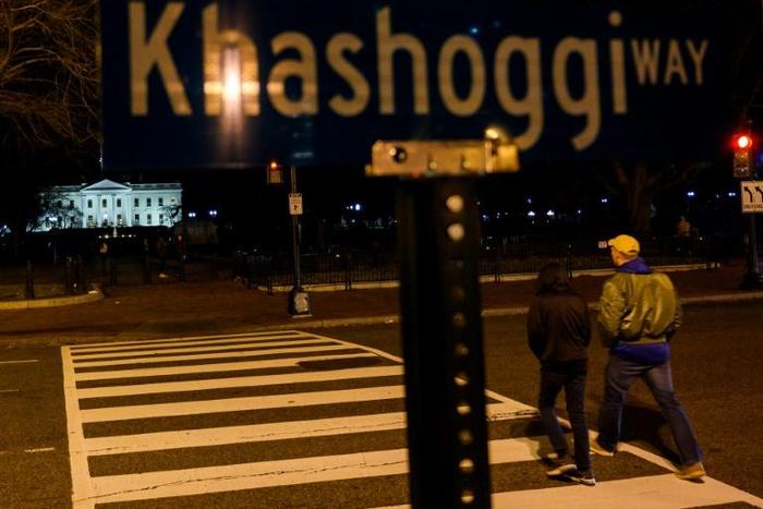 A protest sign across the street from the White House in Washington reads "Khashoggi Way" December 23, 2018