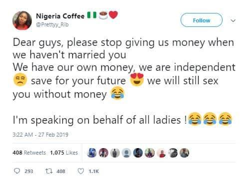 “Stop giving us money before marriage, will still s*x you without money” – Lady advises men