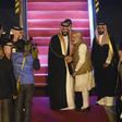 Saudi Crown Prince Mohammed bin Salman is greeted by Indian Prime Minister Narendra Modi upon arriving in New Delhi