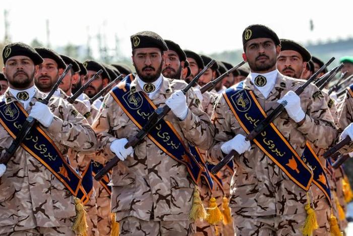 Members of Iran's Revolutionary Guard Corps (IRGC) march in September 2018 during the annual military parade marking the outbreak of the 1980-1988 war with Saddam Hussein's Iraq
